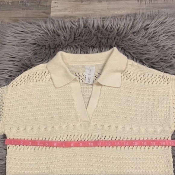 Joie short sleeve open knit crochet collared sweater ivory/cream M - Picture 5 of 7
